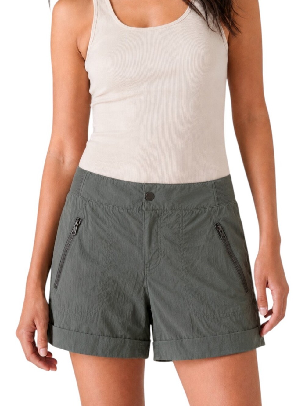 Athleta Trekkie Hiking Shorts Jasper Green Olive Zip Pocket Size 6